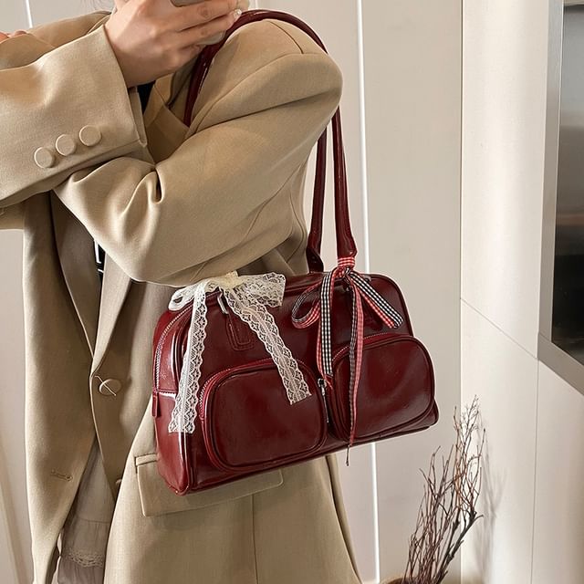 Leather Plain Bag Faux Bowler