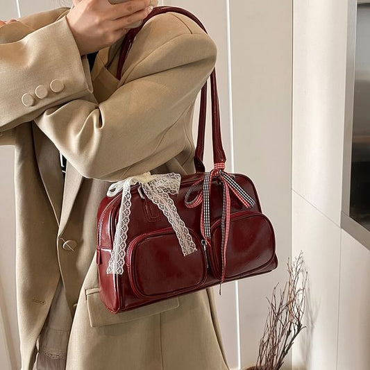 Leather Plain Bag Faux Bowler