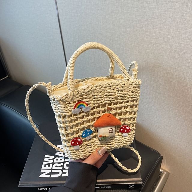 Crossbody Bag Handle Top Mushroom Applique Straw