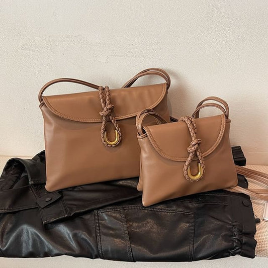 Leather Plain Flap Knot Crossbody Bag Faux