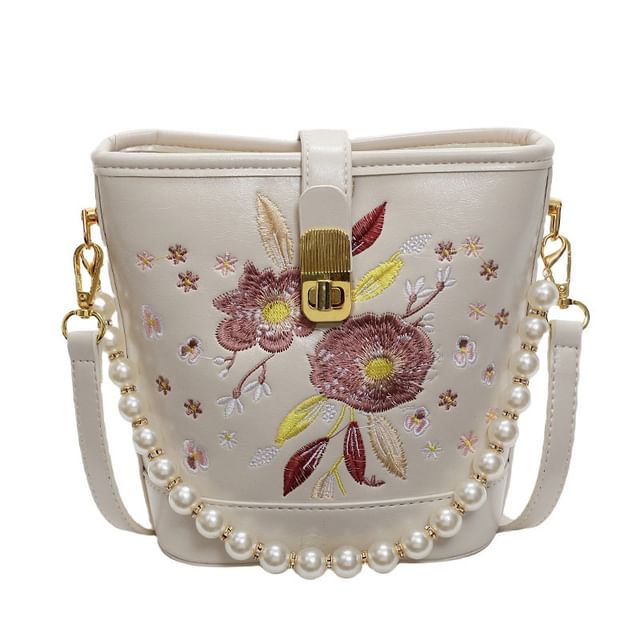 Bag Pearl Floral Bucket Embroidered Strap Faux