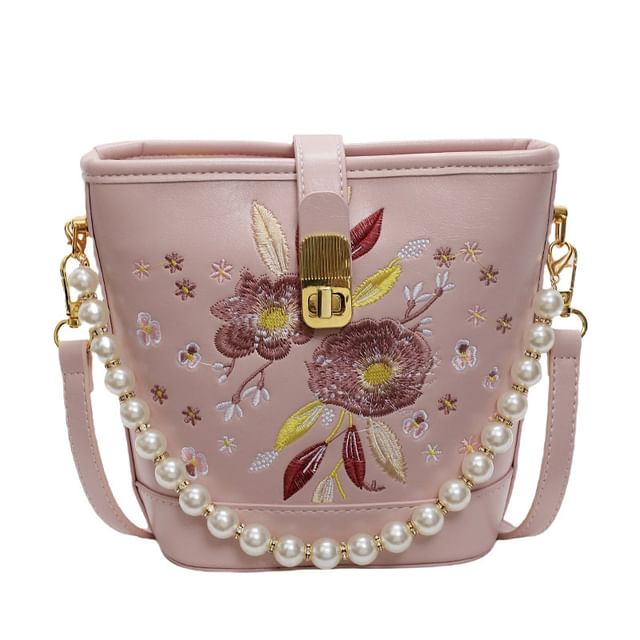 Bag Pearl Floral Bucket Embroidered Strap Faux