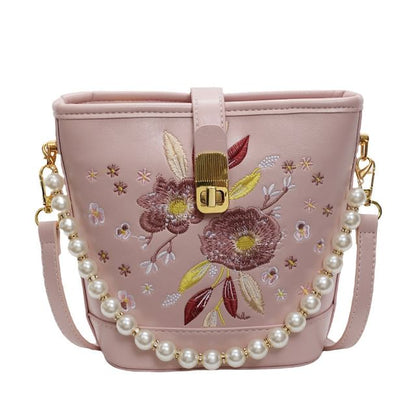 Bag Pearl Floral Bucket Embroidered Strap Faux