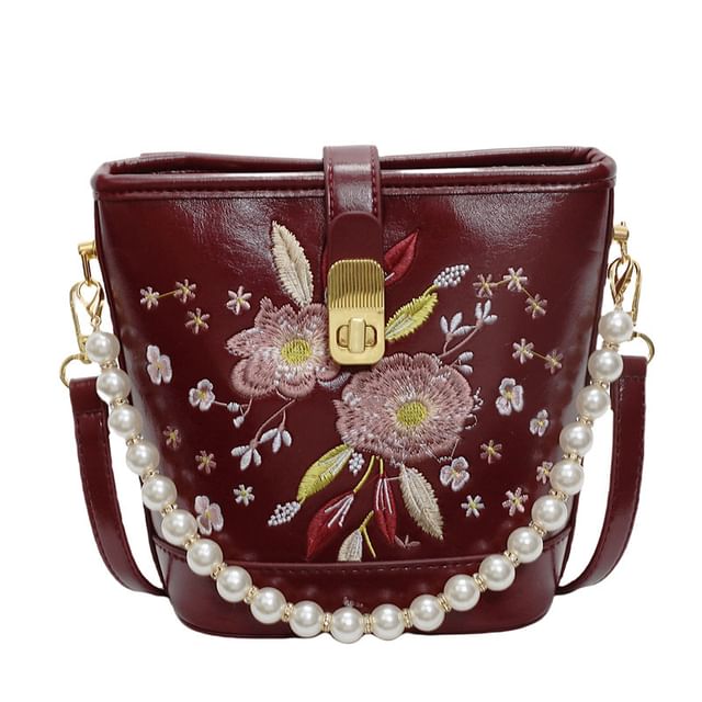 Bag Pearl Floral Bucket Embroidered Strap Faux