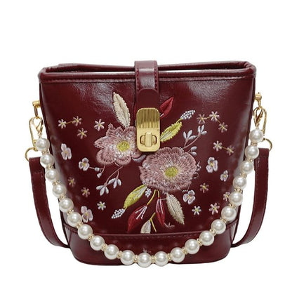 Bag Pearl Floral Bucket Embroidered Strap Faux