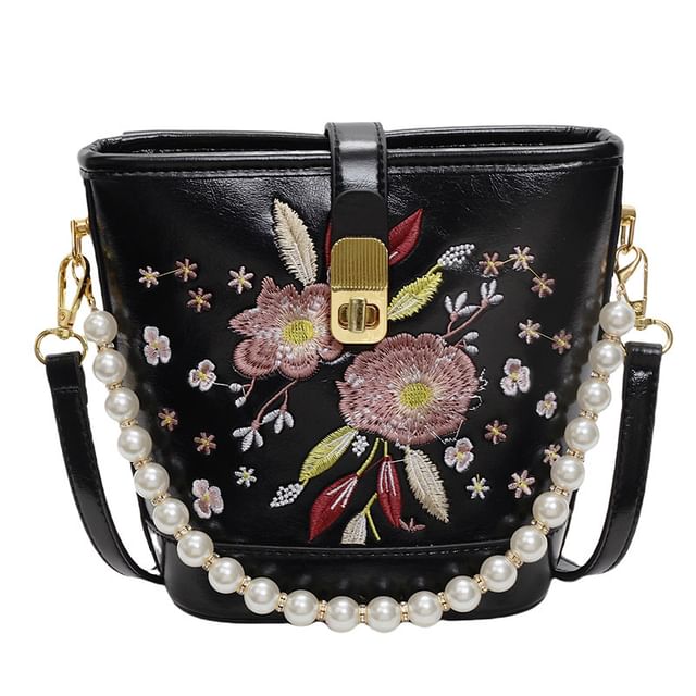 Bag Pearl Floral Bucket Embroidered Strap Faux