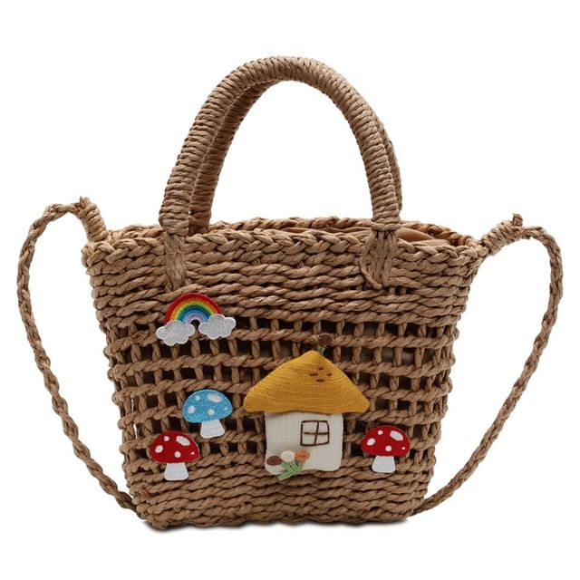 Crossbody Bag Handle Top Mushroom Applique Straw