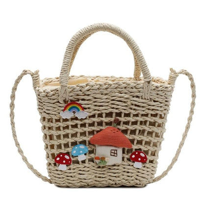 Crossbody Bag Handle Top Mushroom Applique Straw