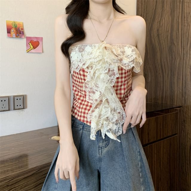 Lace Top Gingham Crop Tube Panel