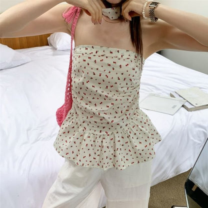 Ruched Top Ruffle Tube Floral Hem Print