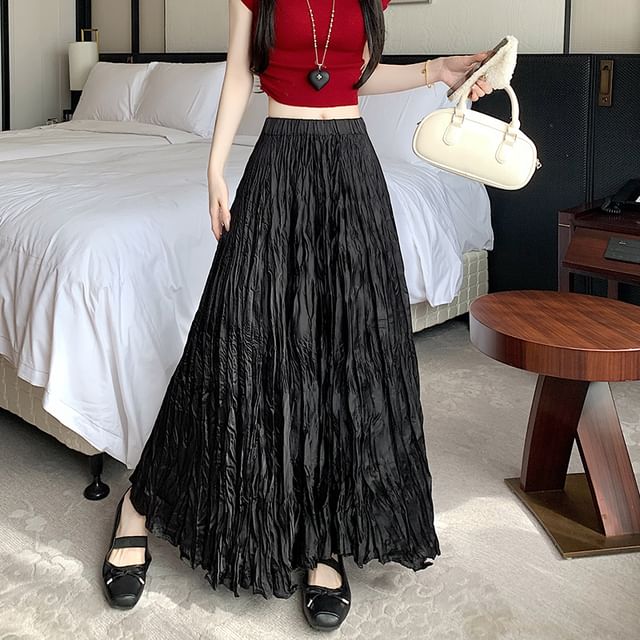 Crinkle A-Line Maxi Waist High Asymmetrical Plain Skirt