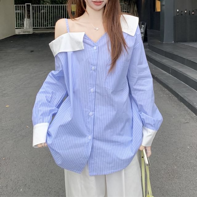Long-Sleeve Shoulder Blouse Cold Asymmetrical Button-Up Striped