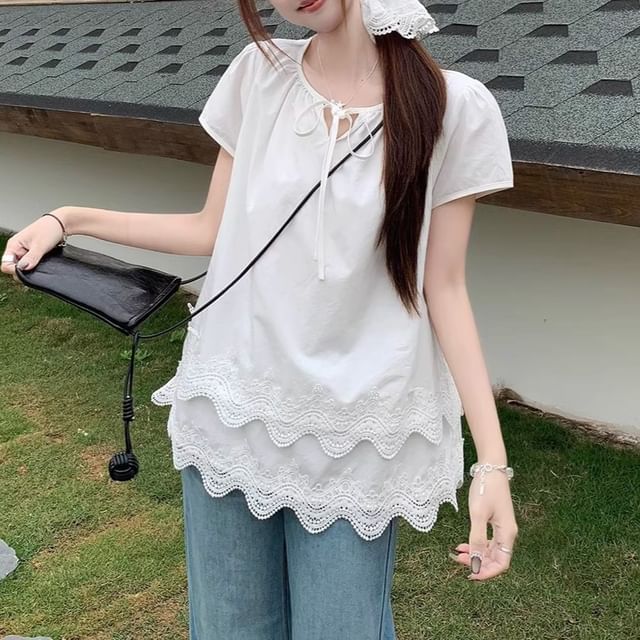 Neck Tie Short-Sleeve Panel Plain Front Layered Notch Blouse Lace