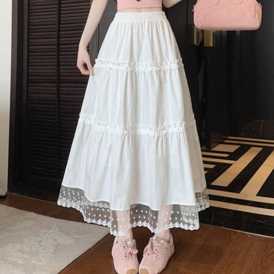 Skirt Waist Trim Lace Panel A-Line Midi Frill High