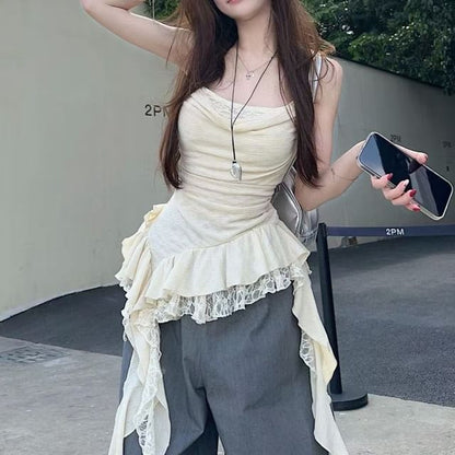 Camisole Asymmetrical Top Cowl Panel Neck Lace Ruffle Hem