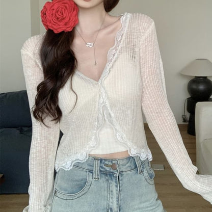 Plain One-Buttoned Cardigan Trim Lace Sheer V-Neck Crop