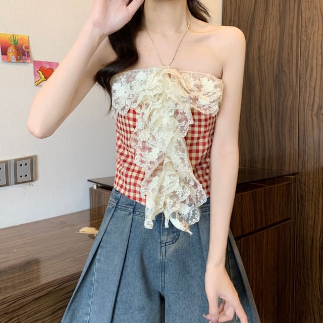 Lace Top Gingham Crop Tube Panel