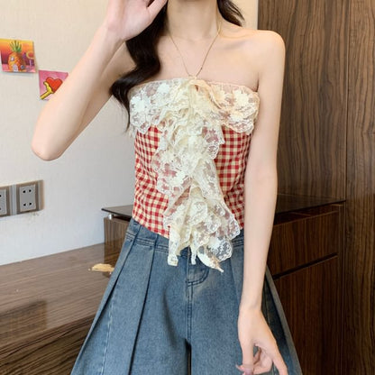 Lace Top Gingham Crop Tube Panel