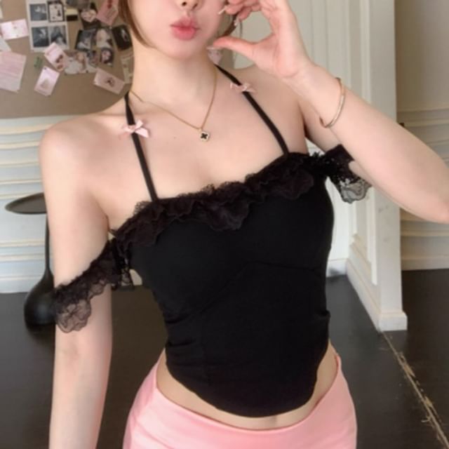 Lace Neck Top Bow Plain Crop Fit Halter Cap-Sleeve Panel Accent Slim