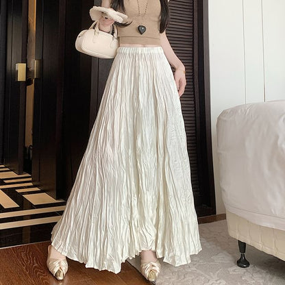 Crinkle A-Line Maxi Waist High Asymmetrical Plain Skirt