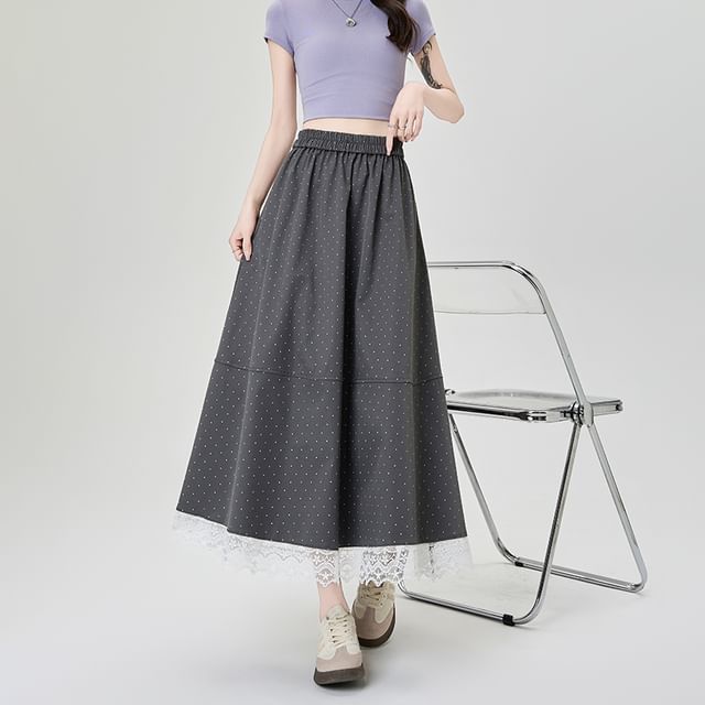 Panel Lace Midi Skirt Waist High A-Line Dotted
