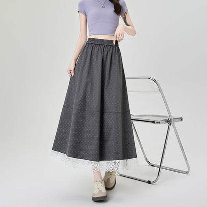 Panel Lace Midi Skirt Waist High A-Line Dotted