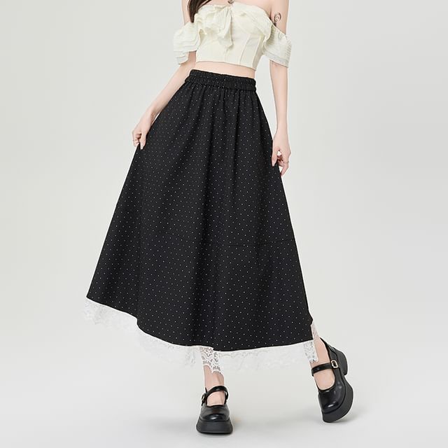 Panel Lace Midi Skirt Waist High A-Line Dotted