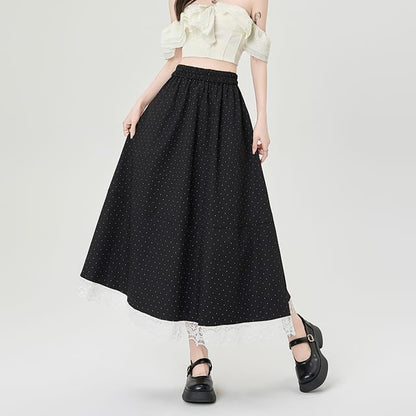 Panel Lace Midi Skirt Waist High A-Line Dotted