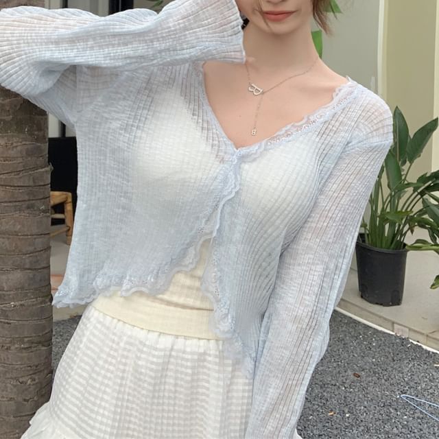 Plain One-Buttoned Cardigan Trim Lace Sheer V-Neck Crop