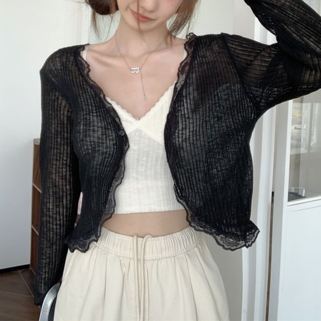 Plain One-Buttoned Cardigan Trim Lace Sheer V-Neck Crop