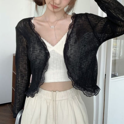 Plain One-Buttoned Cardigan Trim Lace Sheer V-Neck Crop