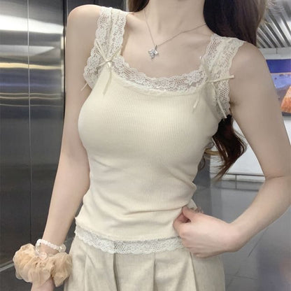 Accent Tank Neck Panel Bow Scoop Slim Lace Fit Crop Top