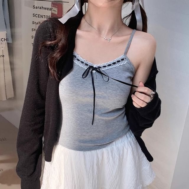 V-Neck Accent Crop Cami Plain Top Lace Trim Bow