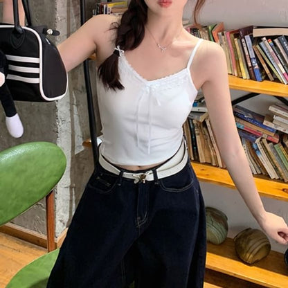 V-Neck Accent Crop Cami Plain Top Lace Trim Bow