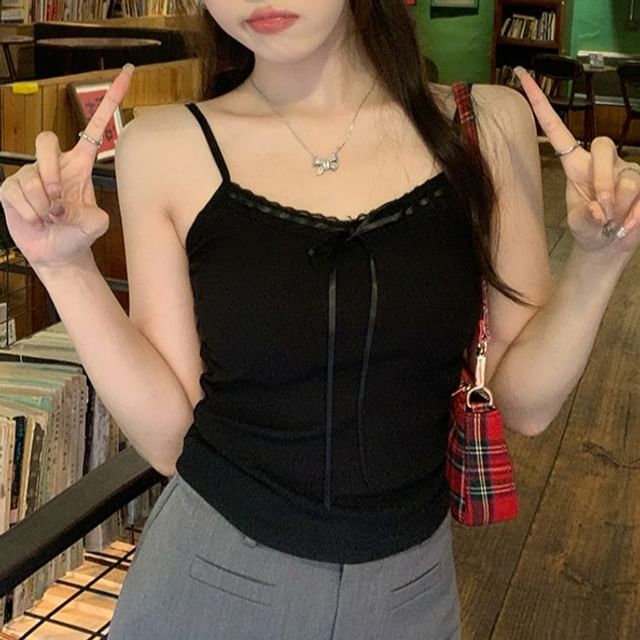 V-Neck Accent Crop Cami Plain Top Lace Trim Bow