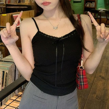 V-Neck Accent Crop Cami Plain Top Lace Trim Bow