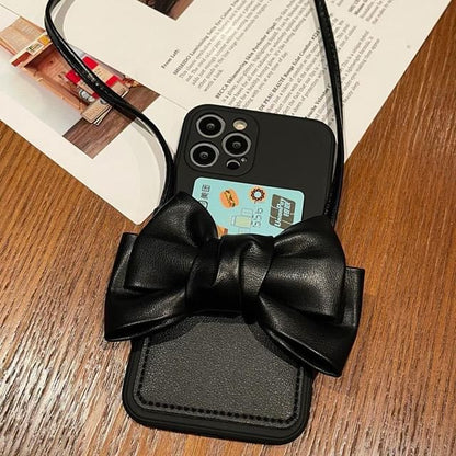 Phone with Leather Card Faux Case Holder Lanyard Bow