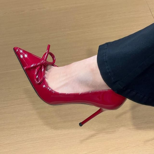 Leather Patent Bow Pumps Pointed Toe Stiletto