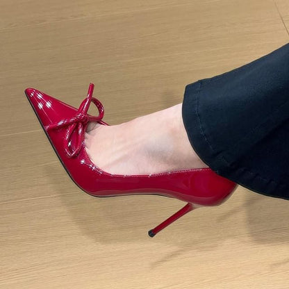 Leather Patent Bow Pumps Pointed Toe Stiletto