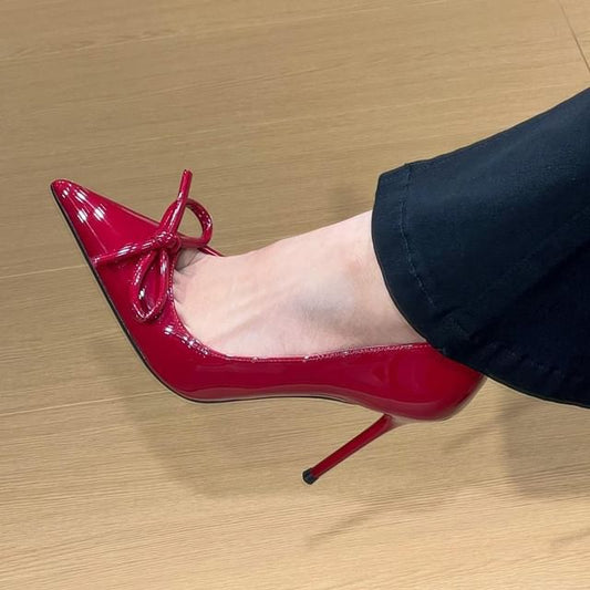 Leather Patent Bow Pumps Pointed Toe Stiletto