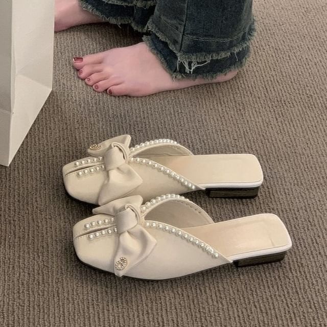 Faux Square Toe Pearl Bow Mules