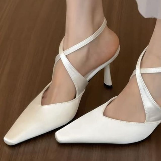 Toe Cross Ankle Pumps Strap Square Satin