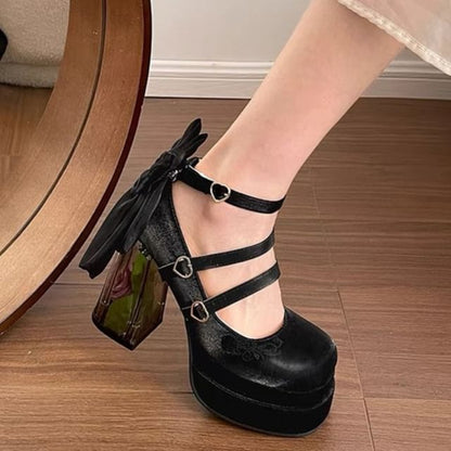 Floral Pumps Jane Mary Heel Platform Block Bow