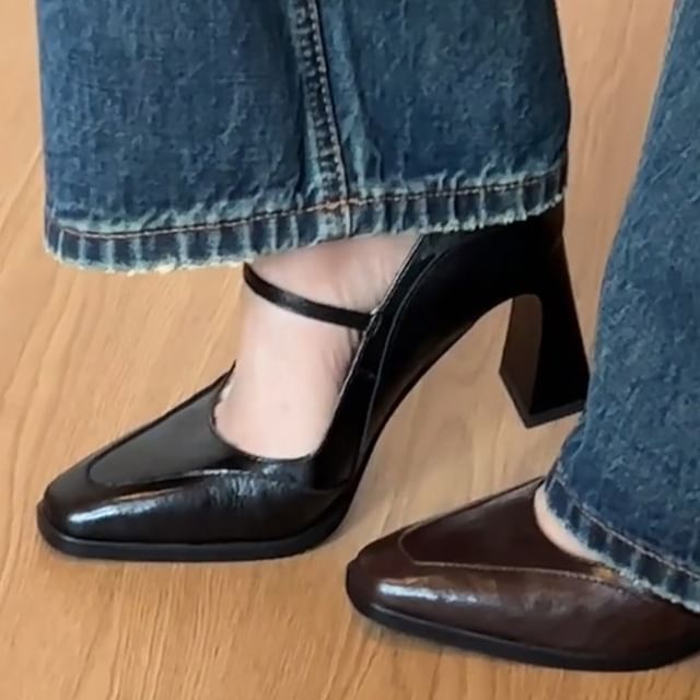 Panel Jane Heel Mary Pumps Block Toe Square