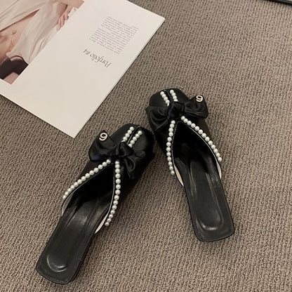Faux Square Toe Pearl Bow Mules