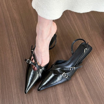 Kitten Slingback Heel Pumps Pointed Toe Buckled