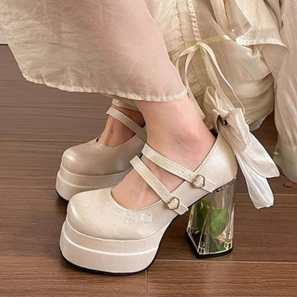 Floral Pumps Jane Mary Heel Platform Block Bow
