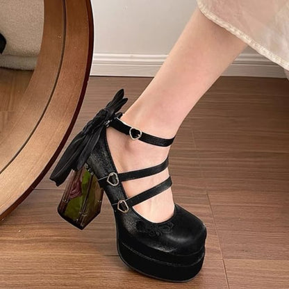 Floral Pumps Jane Mary Heel Platform Block Bow