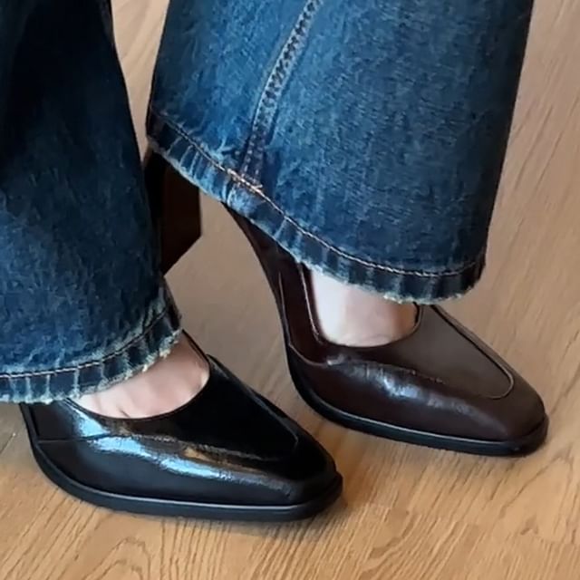 Panel Jane Heel Mary Pumps Block Toe Square