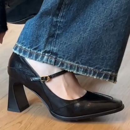 Panel Jane Heel Mary Pumps Block Toe Square